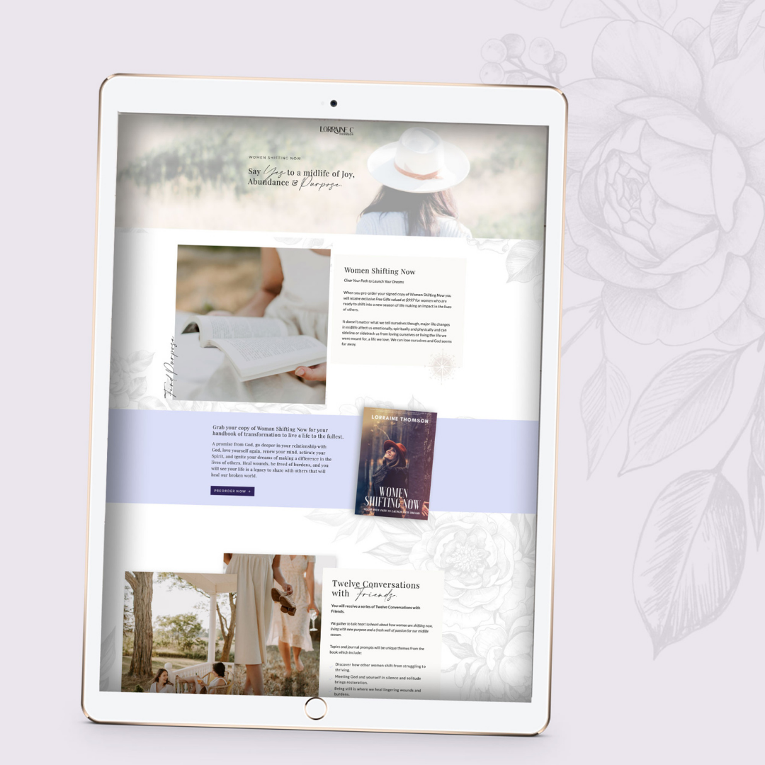 Screenshot of Lorraine's website displayed on a tablet, promoting mindfulness and her featured books 'Women Shifting Now' and 'Twelve Conversations with Grace