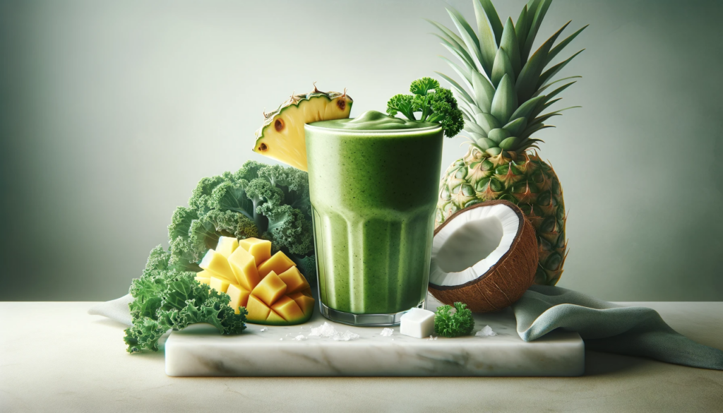 A realistic and appetizing image of the Tropical Treat Green Smoothie made with kale, pineapple, mango, and coconut water in a glass.