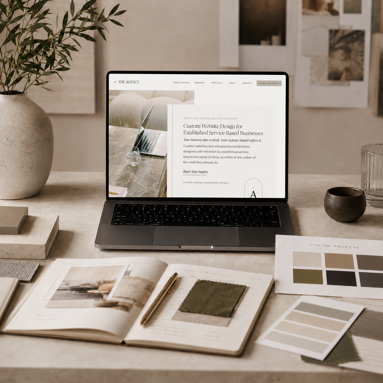 Elevated website color palette and brand identity materials for a custom website design
